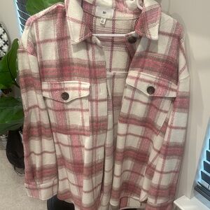 Pink and White Plaid Button-Up Fleece